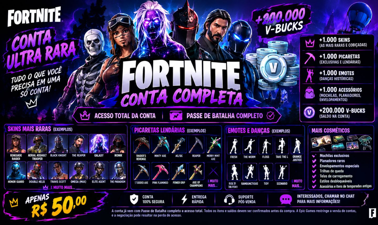 CONTAS FORTNITE RARAS E DIFERENTES APENAS R$ 50 CADA!