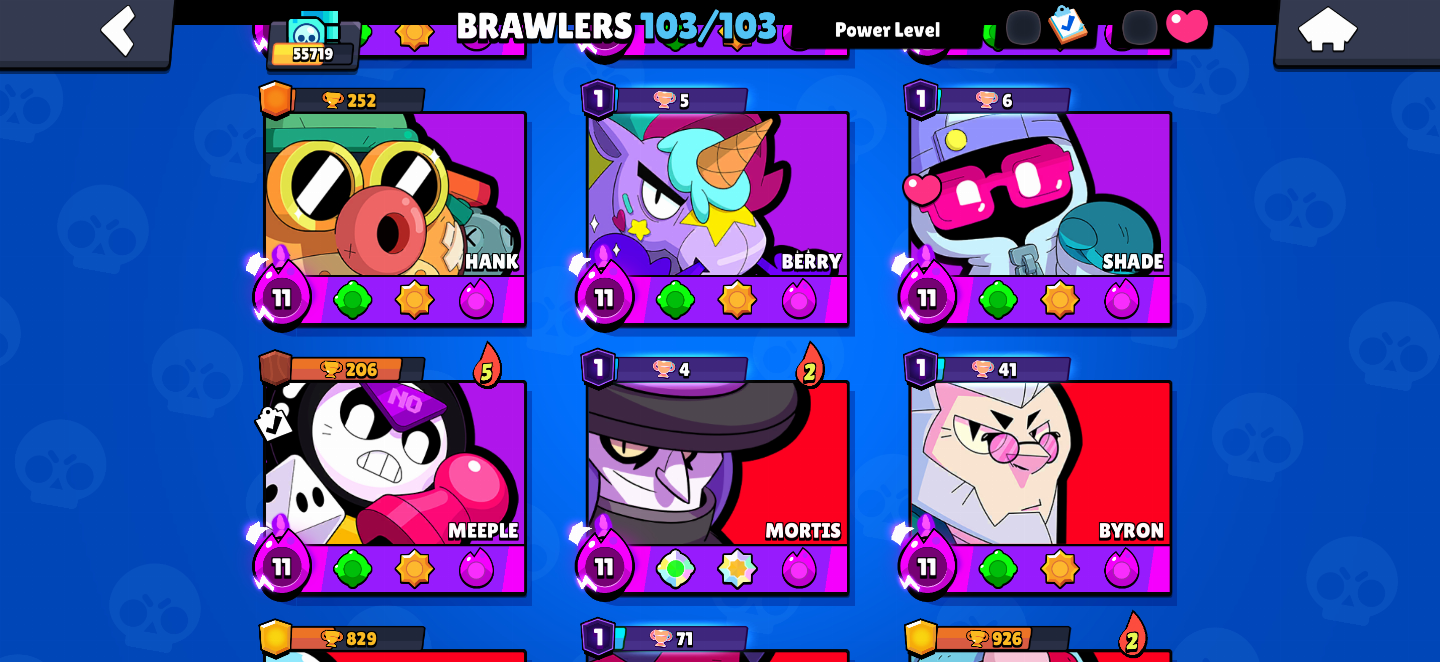 [55K TROFÉUS]CONTA FULL BRAWLERS(103/103)-25 HYPERCHARGES-MUITOS LEVEL 11 FULL