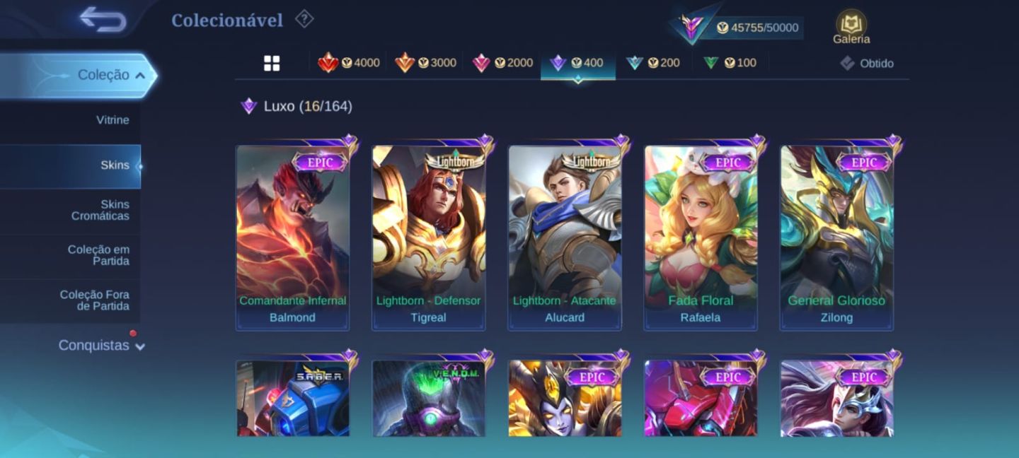 CONTA MOBILE LEGENDS 200 SKINS OPORTUNIDADE