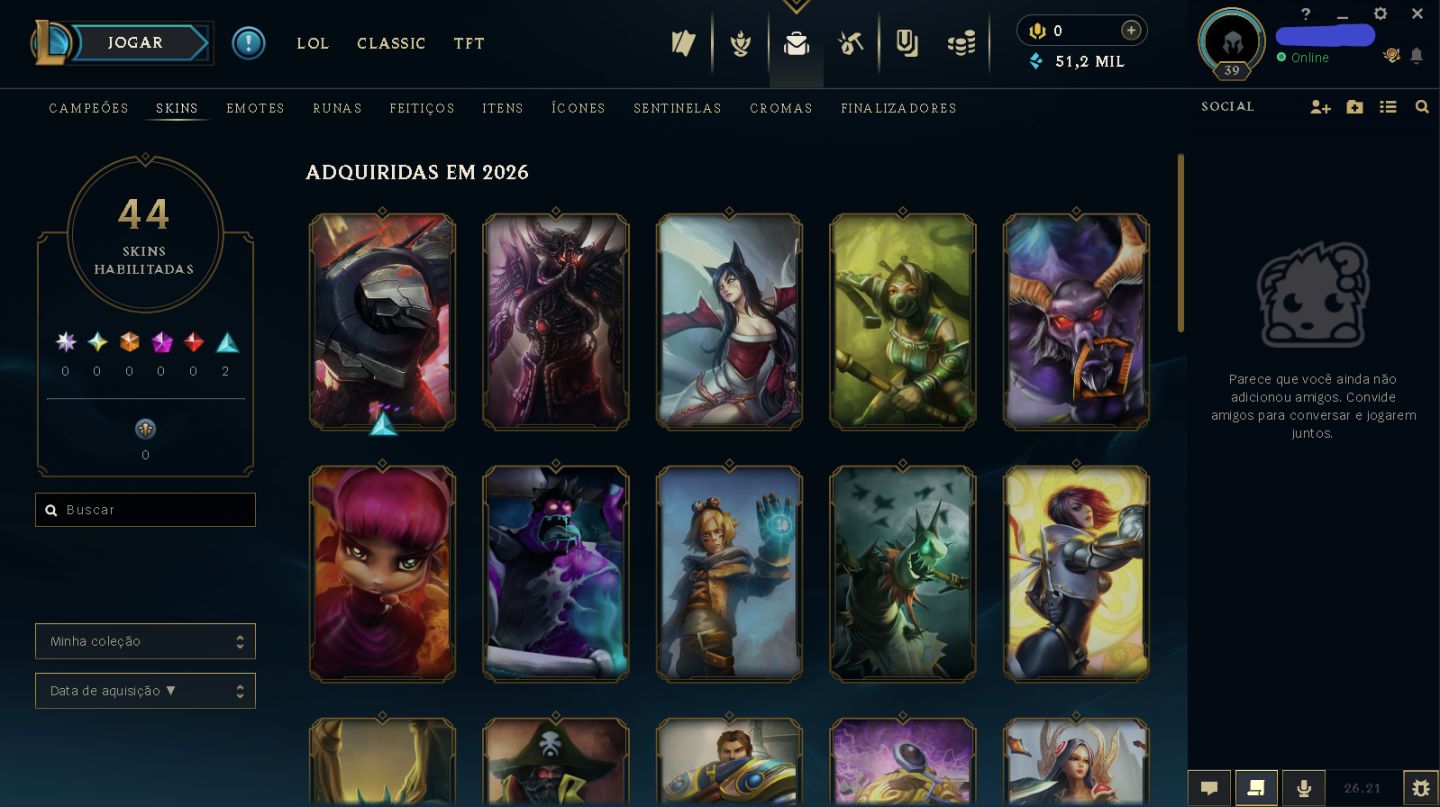 Conta de LoL Nível 39 | Mestre (68% WR) | 30 Campeões | 3 Skins | 55 Ícones e +