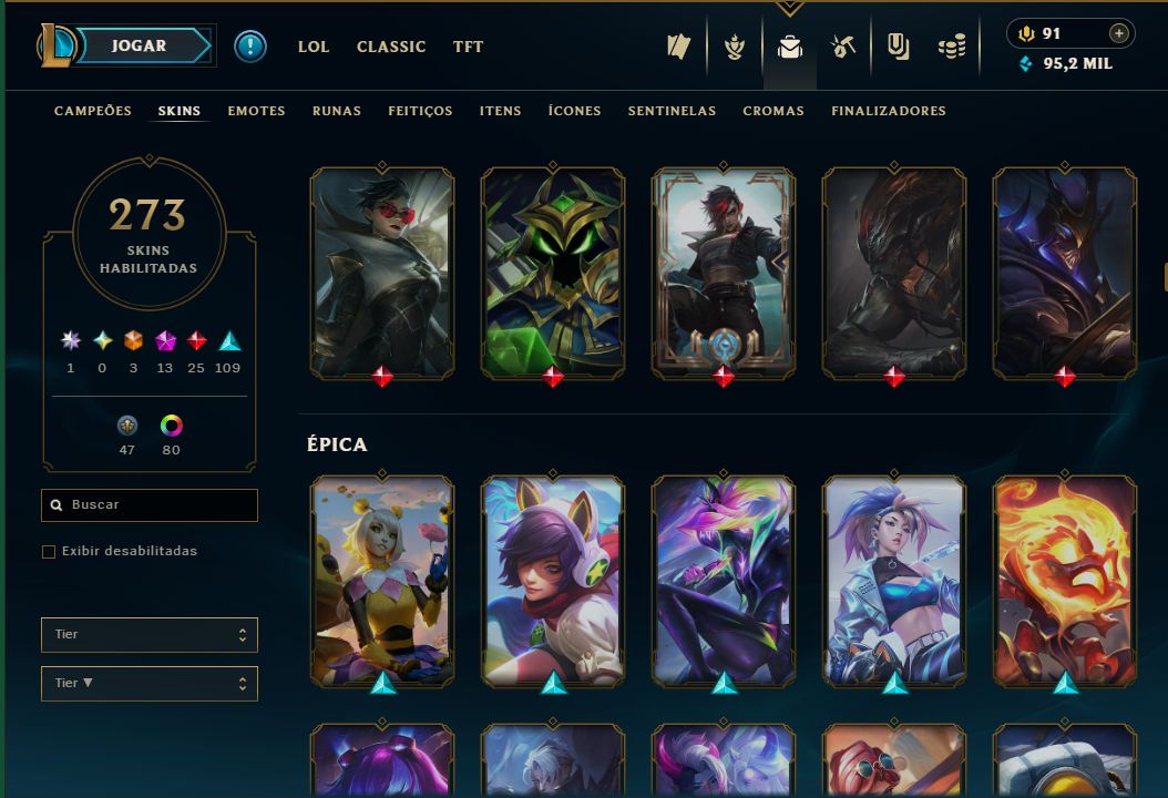 Conta com +5k gastos, 273 skins, todos campeoes. (Skins de tfte valorant tbm)