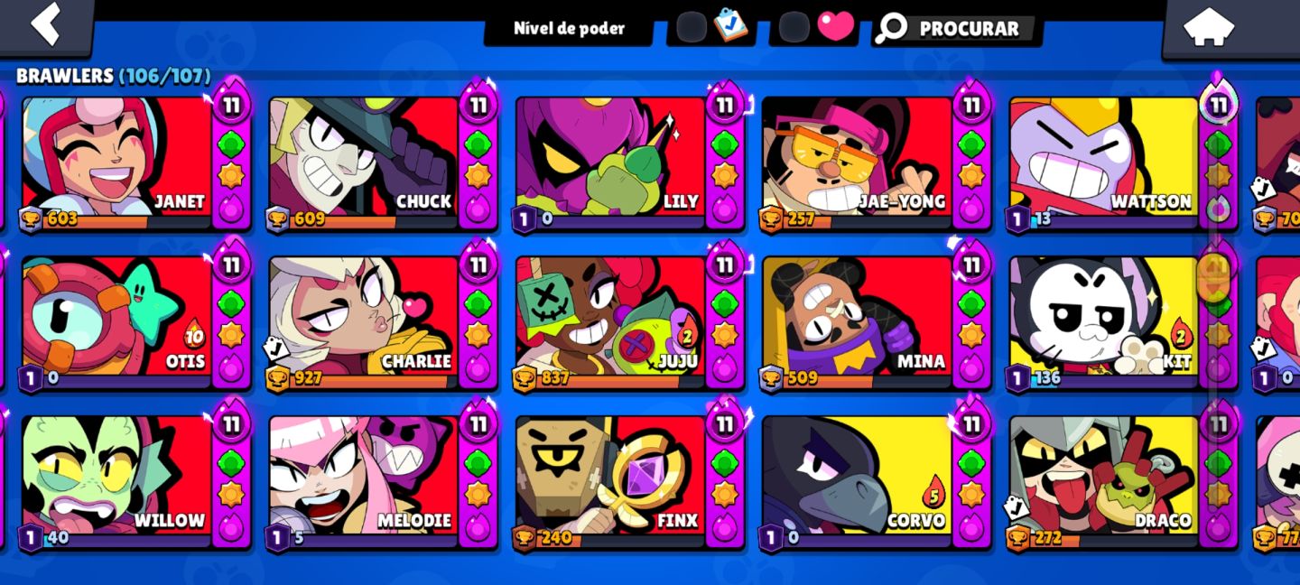 CONTA BRAWL STARS RARA DE 2019 68K TR 106/106 BRAWLERS 446 SKINS 60 HIPER
