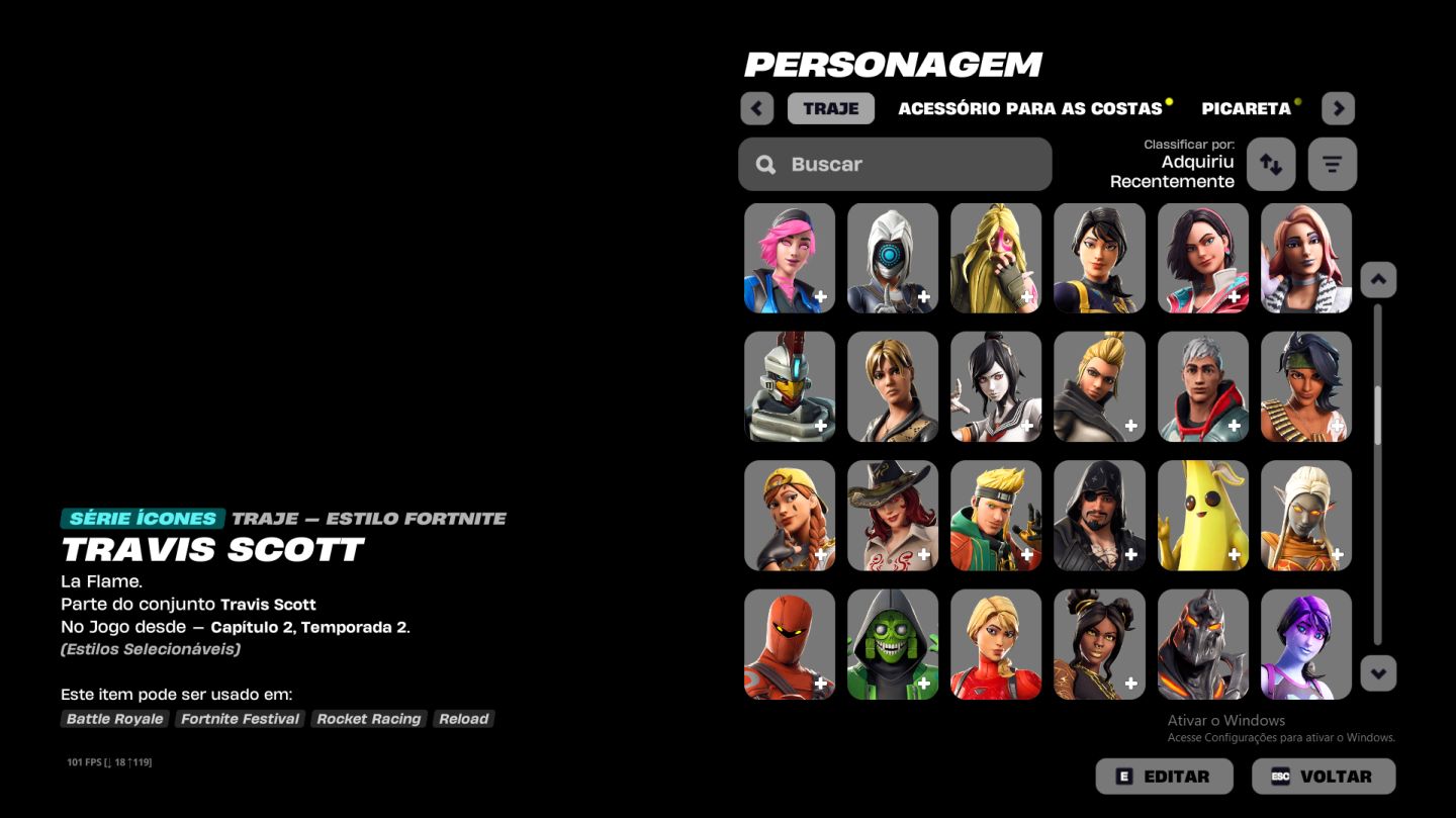 CONTA FORTNITE CAVALEIRO NEGRO, JOHN WICK, TRAVIS SCOTT + SALVE O MUNDO