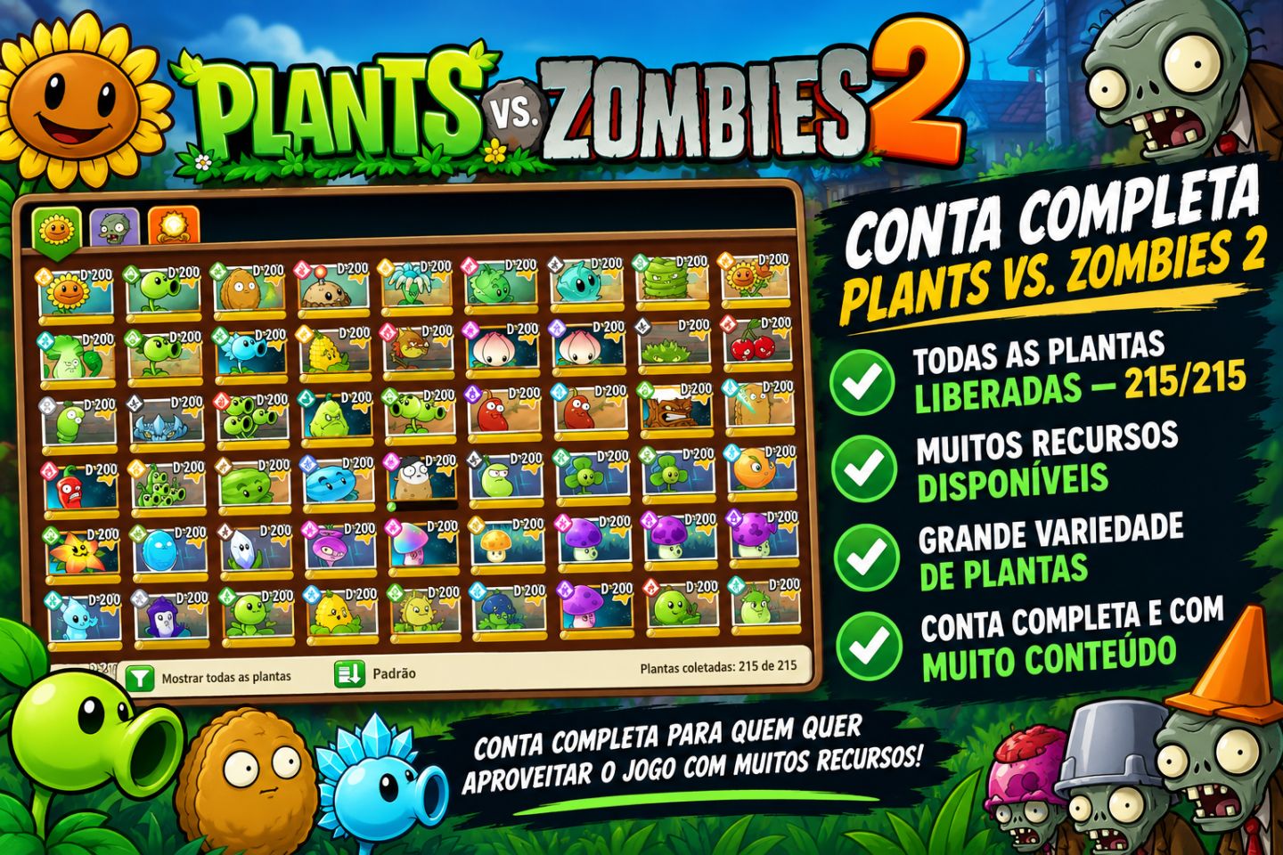Conta Plants vs Zombies 2 Com Muitos Recursos e Todas as Plantas