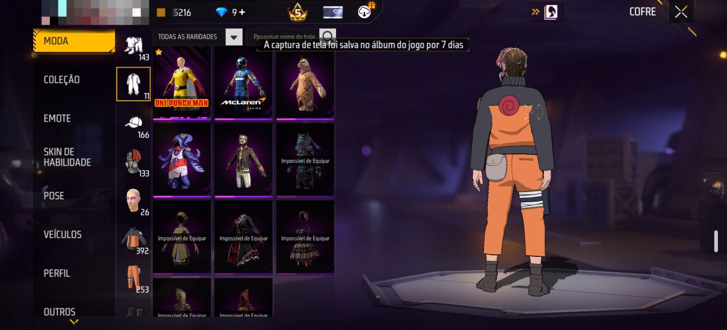 Conta freefire com todas as skins da primeira parte naruto