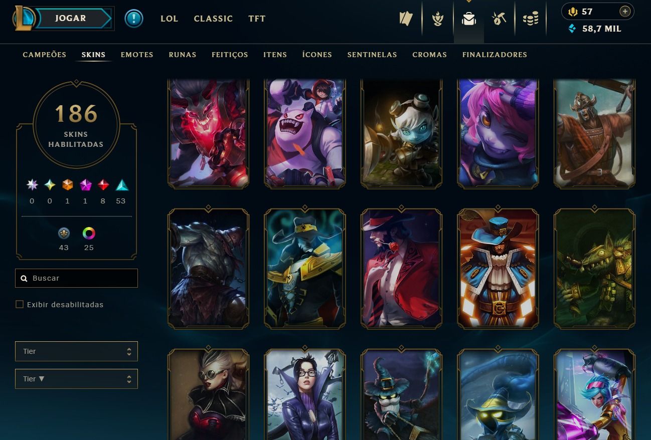 CONTA DE 2013 - 186 SKIN - LVL 242 - TODOS CAMPEÕES - 50K DE EA - 25 CROMAS
