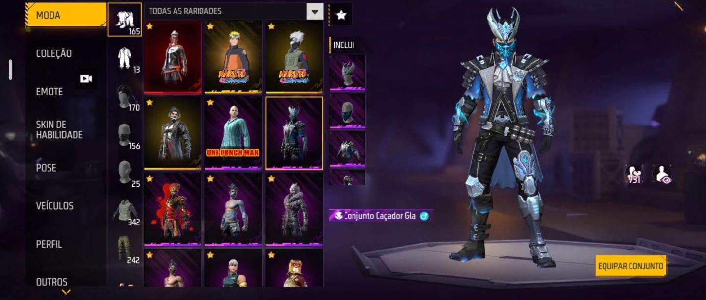 Conta de FF prime 7 com NARUTO, pé descalço, sombra roxa e jazz clássico