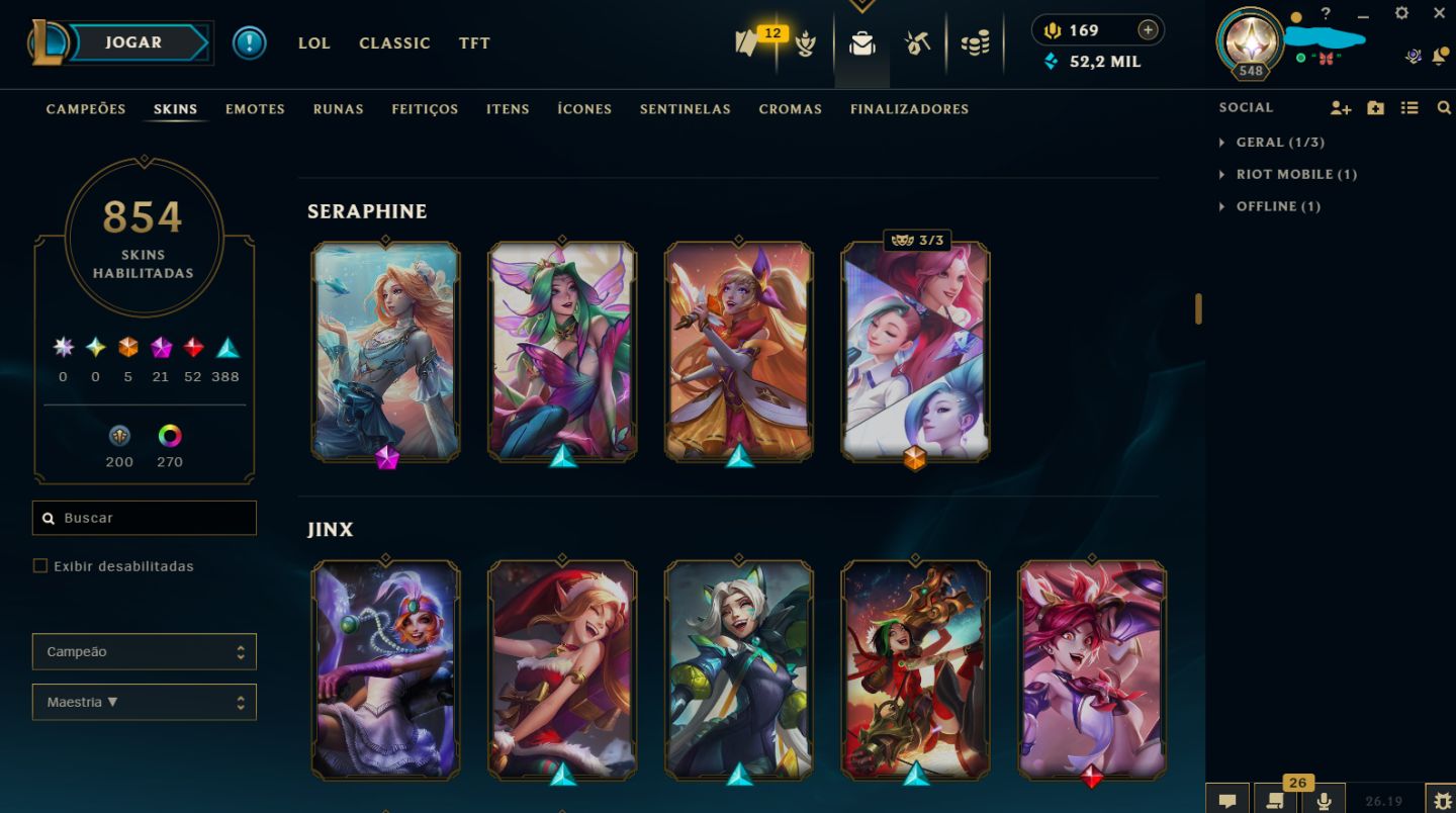 CONTA LEAGUE OF LEGENDS MAIN SUPORTE/FADINHA COM 860 SKINS NO ELO MESTRE 500+