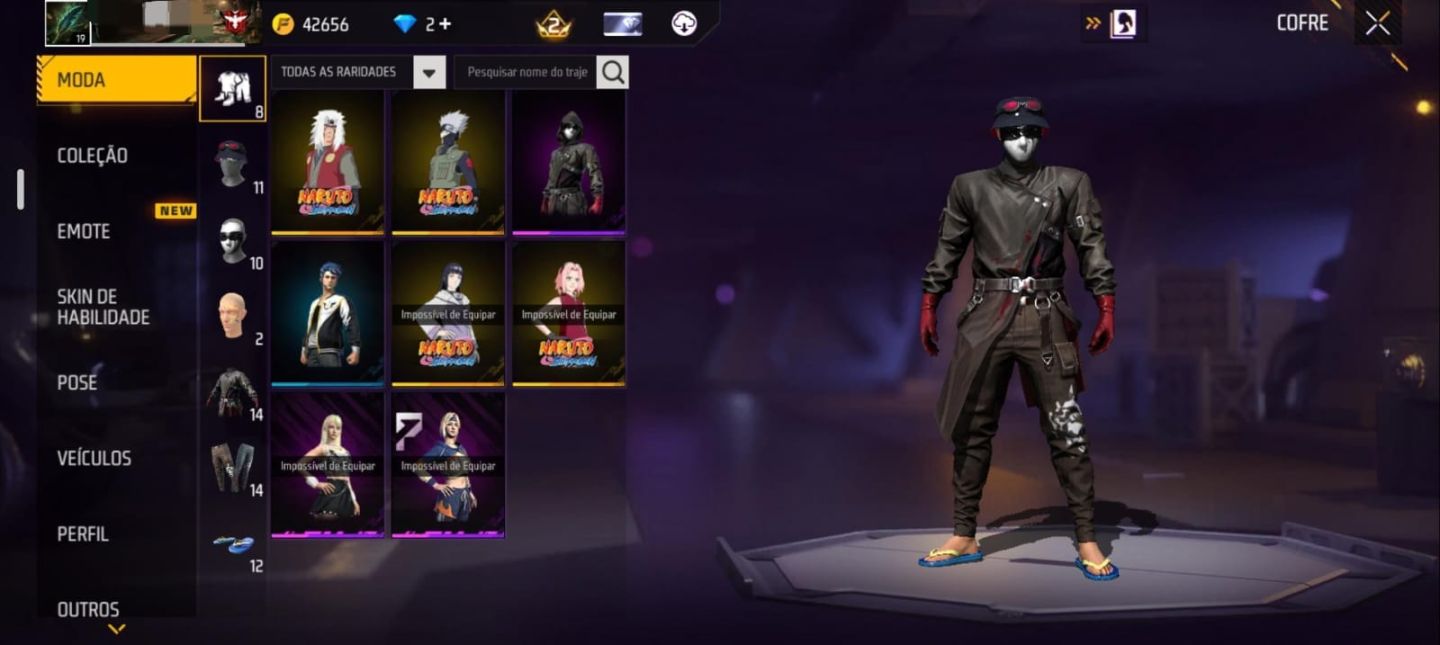 CONTA COM 4 CONJUNTOS DA PARCERIA COM NARUTO + ARMAS E ITENS EXCLUSIVOS