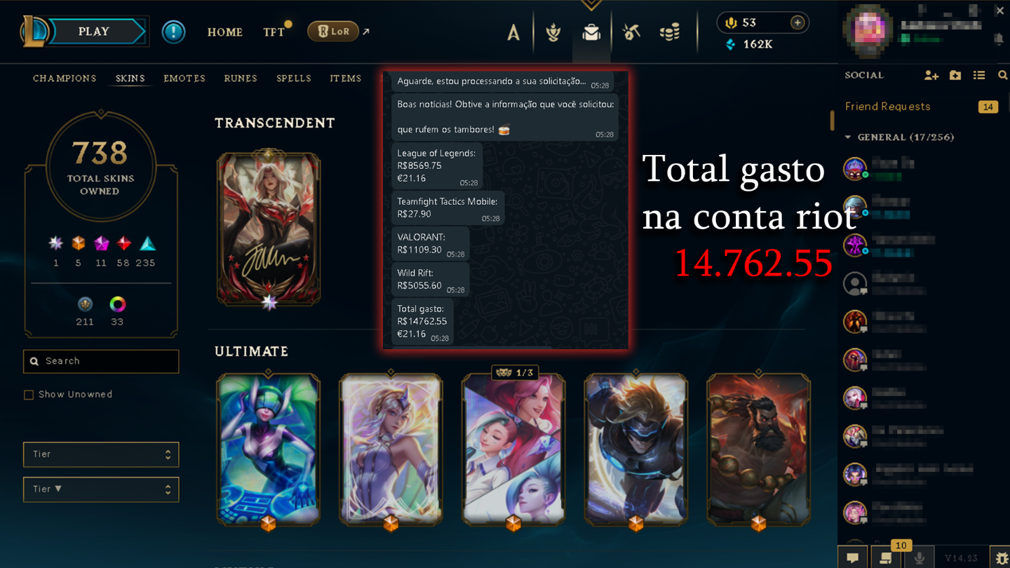 CONTA RIOT 804 SKINS AHRIFAKER/YASUO GENESIS + VALORANT 39SKINS+WR 106 SKINS