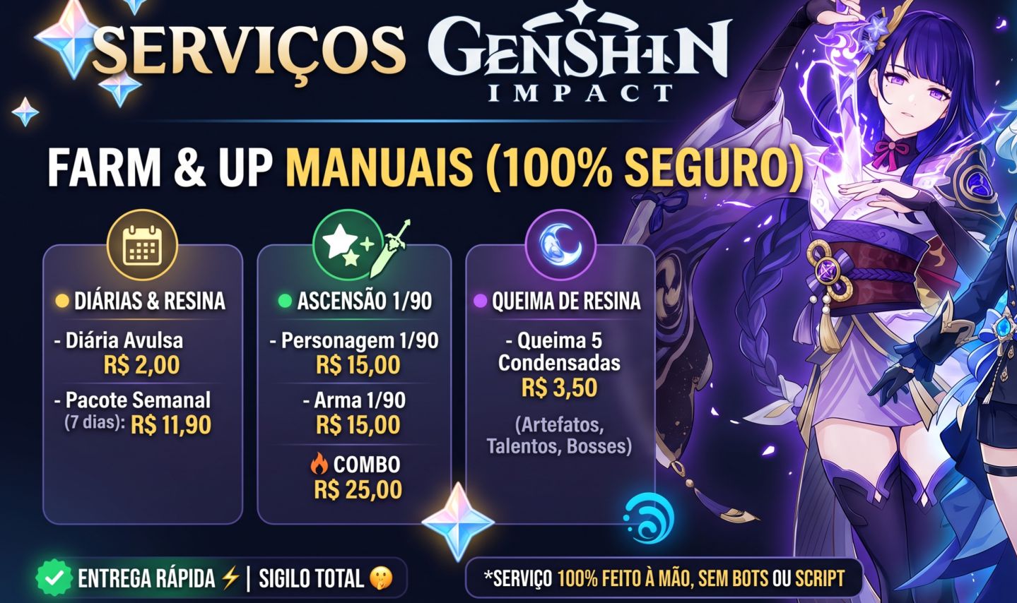 GENSHIN IMPACT: DIÁRIAS, RESINA, FARM DE BONECO/ARMA 1-90 (100% MANUAL)