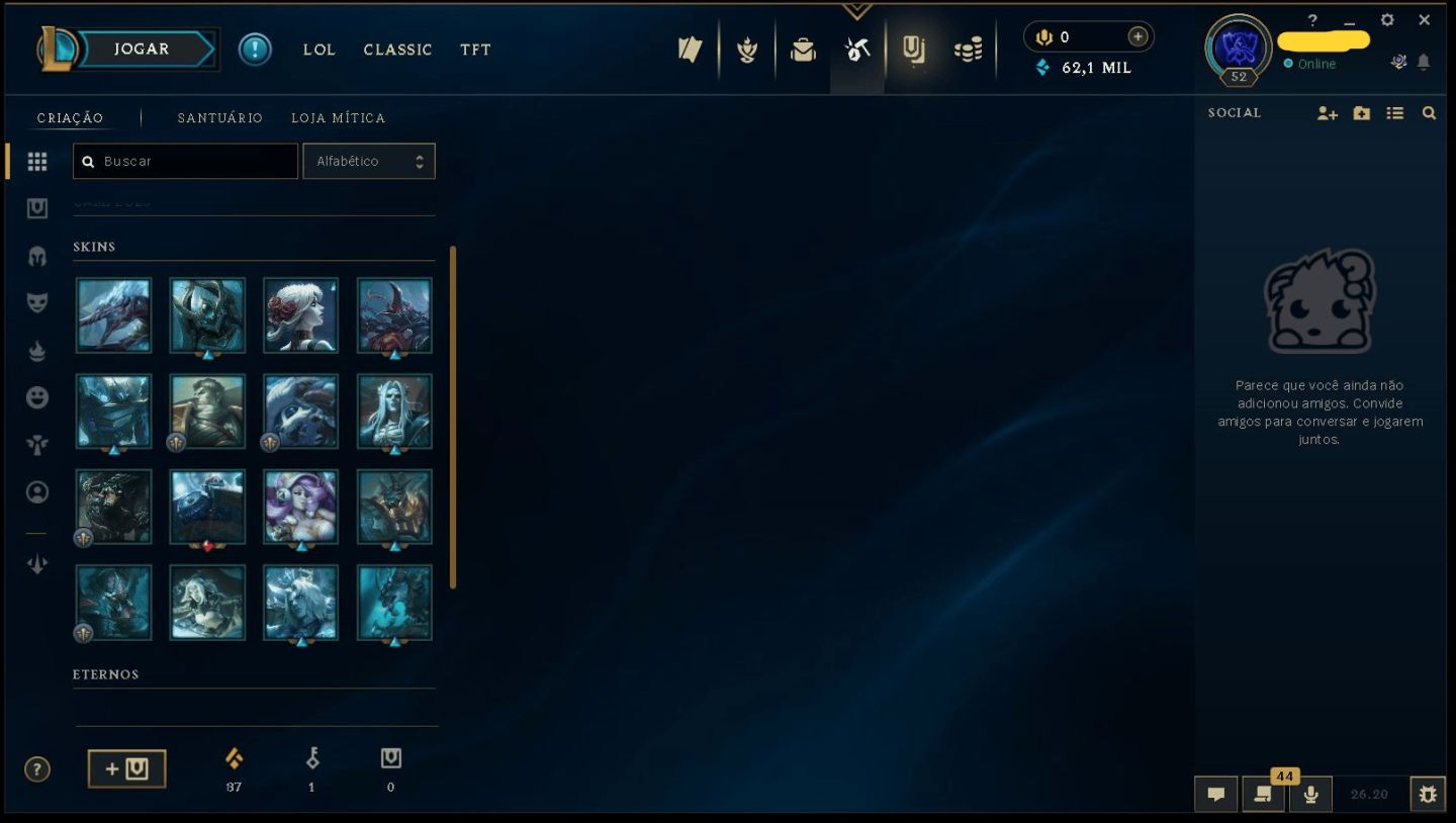 (100% SEGURA) SMURF LOL - PLATINA 2 - 62,1K EA - SKINS - FULL ACESSO