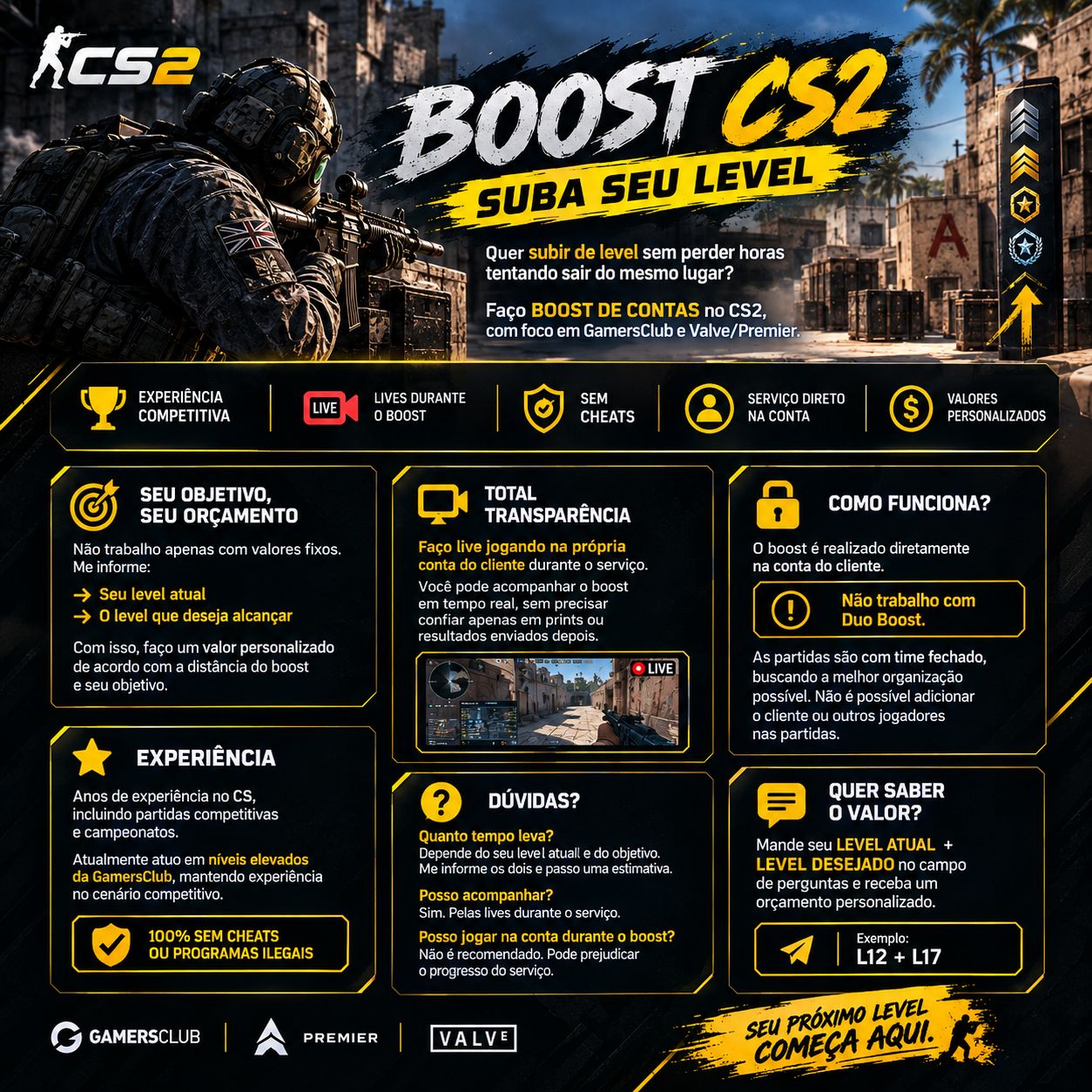 BOOST DE LEVEL GAMERSCLUB ou PREMIER CS2/CS - Up LEVEL GC