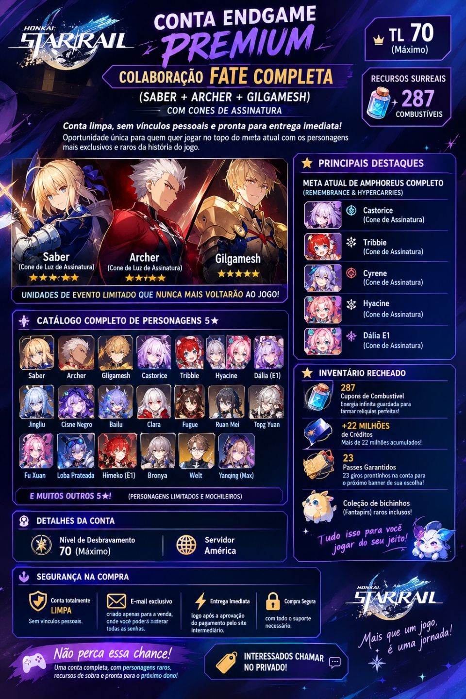 CONTA ENDGAME PREMIUM + COLAÇÃO FATE COMPLETA (SABER + ARCHER + GILGAMESH)