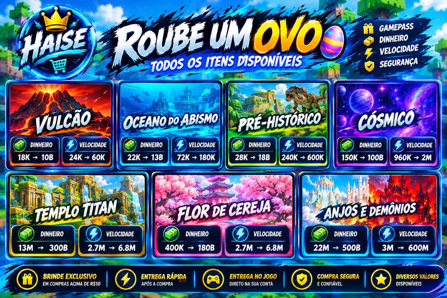 [MENOR PREÇO+BRINDE] OVOS | DINHEIRO | VELOCIDADE | PASS | ROUBE UM OVO (ROBLOX)