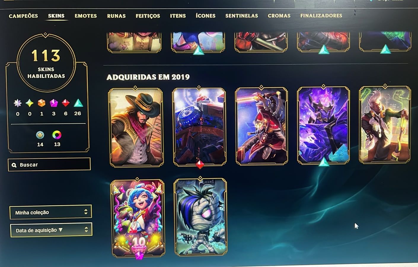 Conta no LoL, Esmeralda I, Todos os campeões, 113 skins, nivel 274.