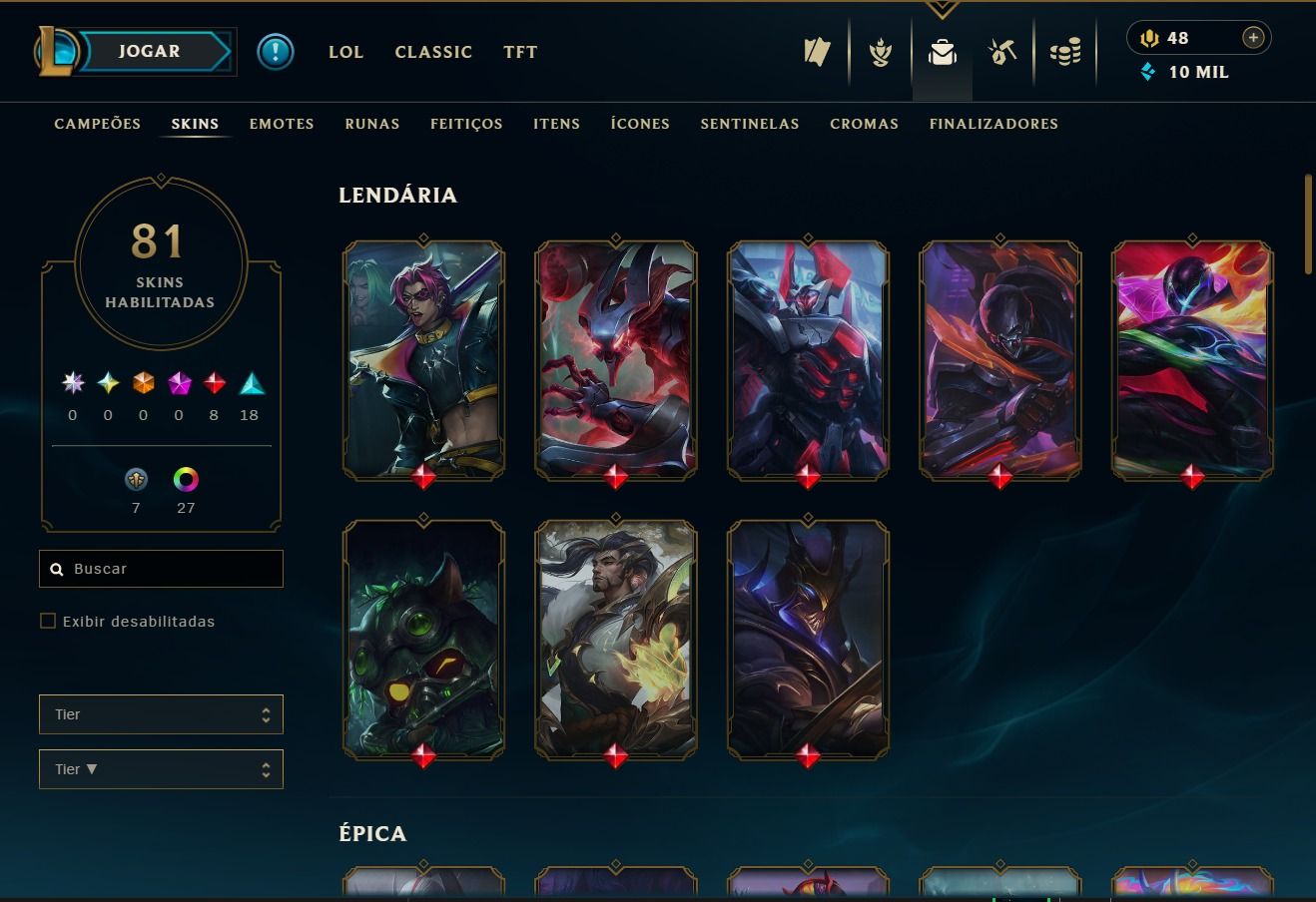 CONTA LOL NV 244 | MMR ALTO (CAINDO C/ PLATINA/ESMERALDA) | 81 SKINS (8 LENDÁRIA