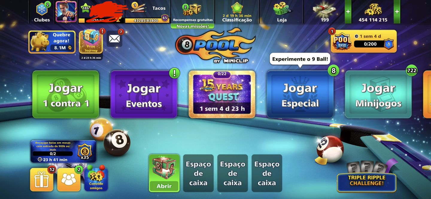 CONTA 8 BALL POOL, LVL 186, FULL LENDÁRIA, +450M FICHAS, +60 AVATARES, 200 NOTAS