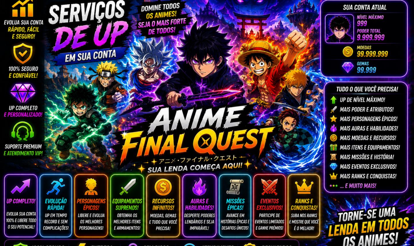 SERVIÇOS DE UP EM SUA CONTA ANIME FINAL QUEST | ROBLOX