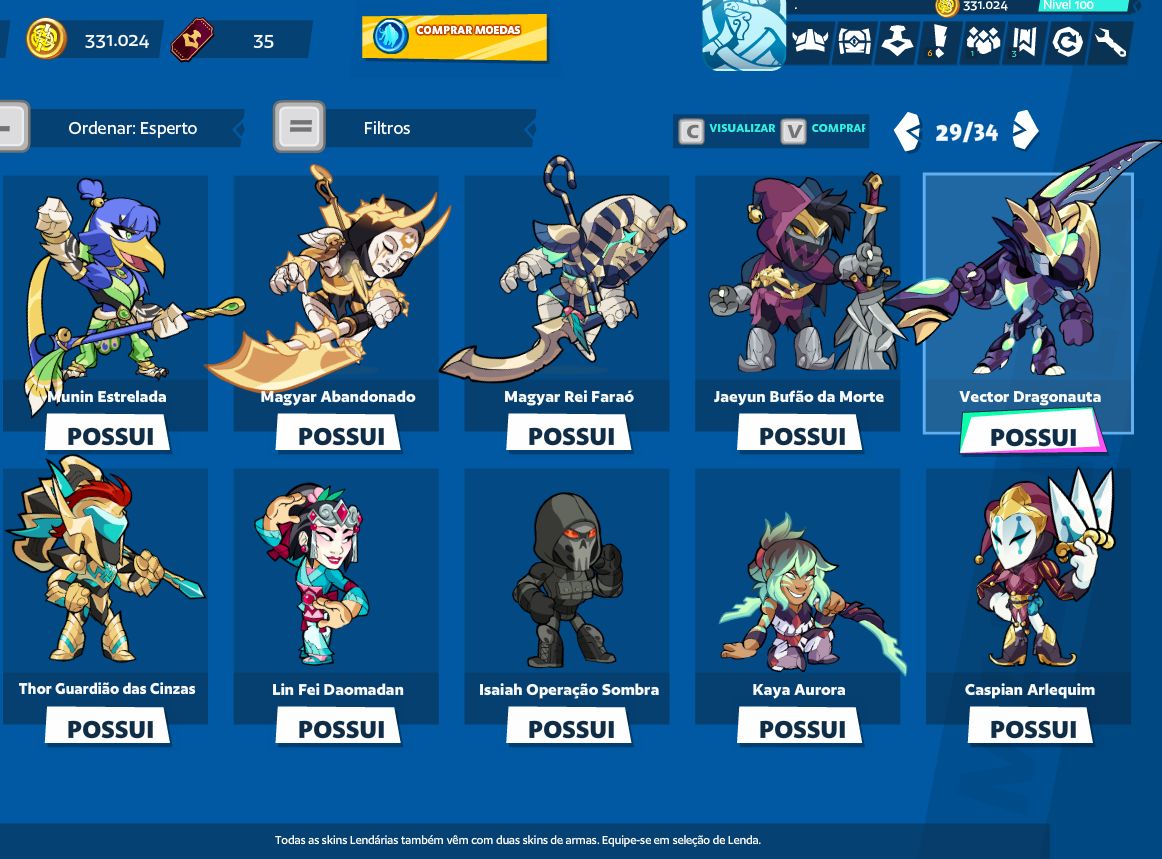 CONTA BRAWLHALLA COM 8 CROSSOVERS + SKINS + TODOS OS LEGENDS