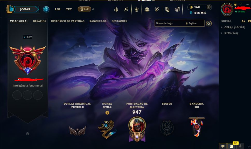 Conta lol nivel 874 com diversas skins de champions sentinela cromas 2kk de ZED.