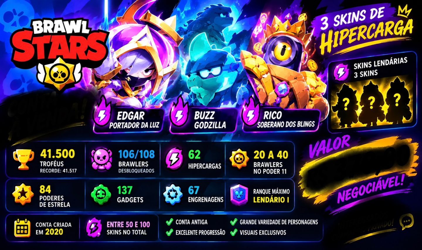 CONTA BRAWL STARS 2020 | 106 BRAWLERS | 41K TROFÉUS | 62 HIPERCARGAS