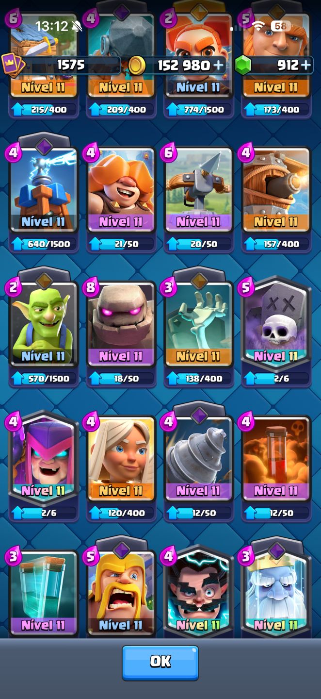 CONTA CLASH ROYALE 11821 Troféus, CORREDOR NVL 16 POSSUI TODAS AS CARTAS