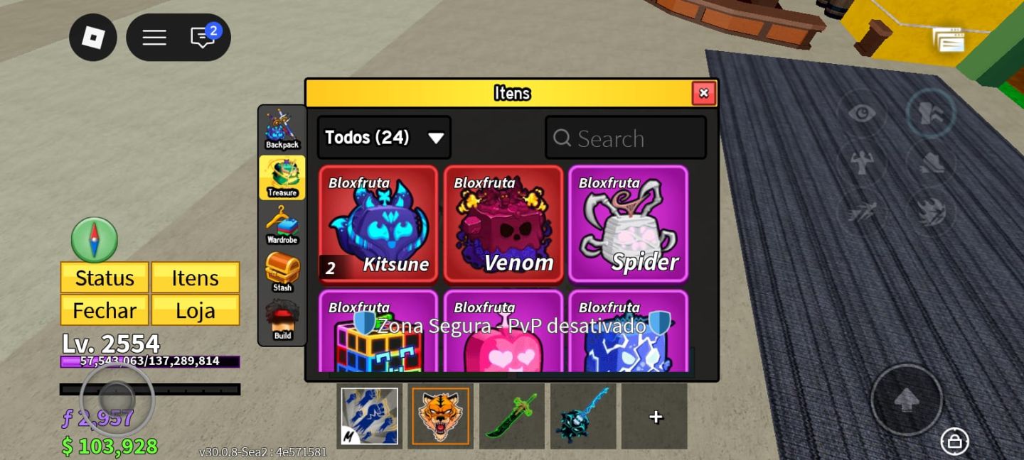 Blox Fruits LV 2554 + Fruta TigerMítica + 2 Kitsune + Venom + Dark Dager yoru v2