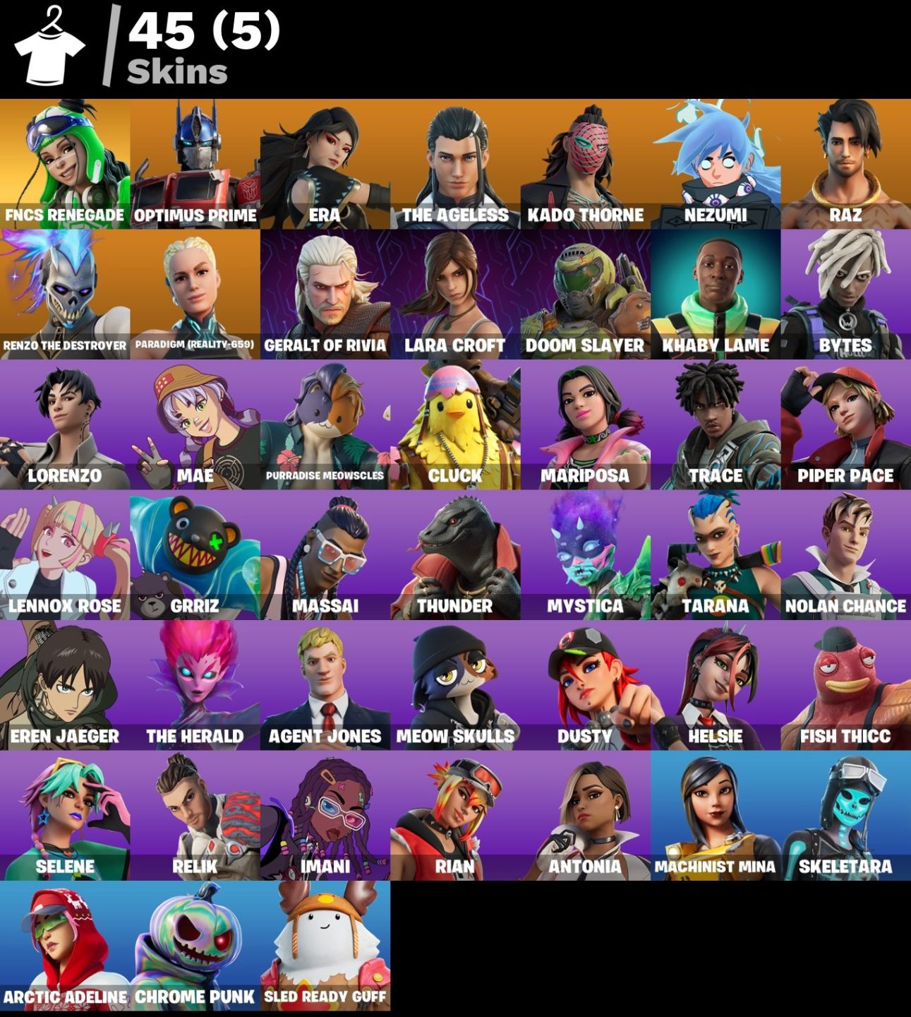 CONTA FORTNITE 45 SKINS / FNCS RENEGADE E MACHADO LEON COMBAT KNIFE (RARIDADE)