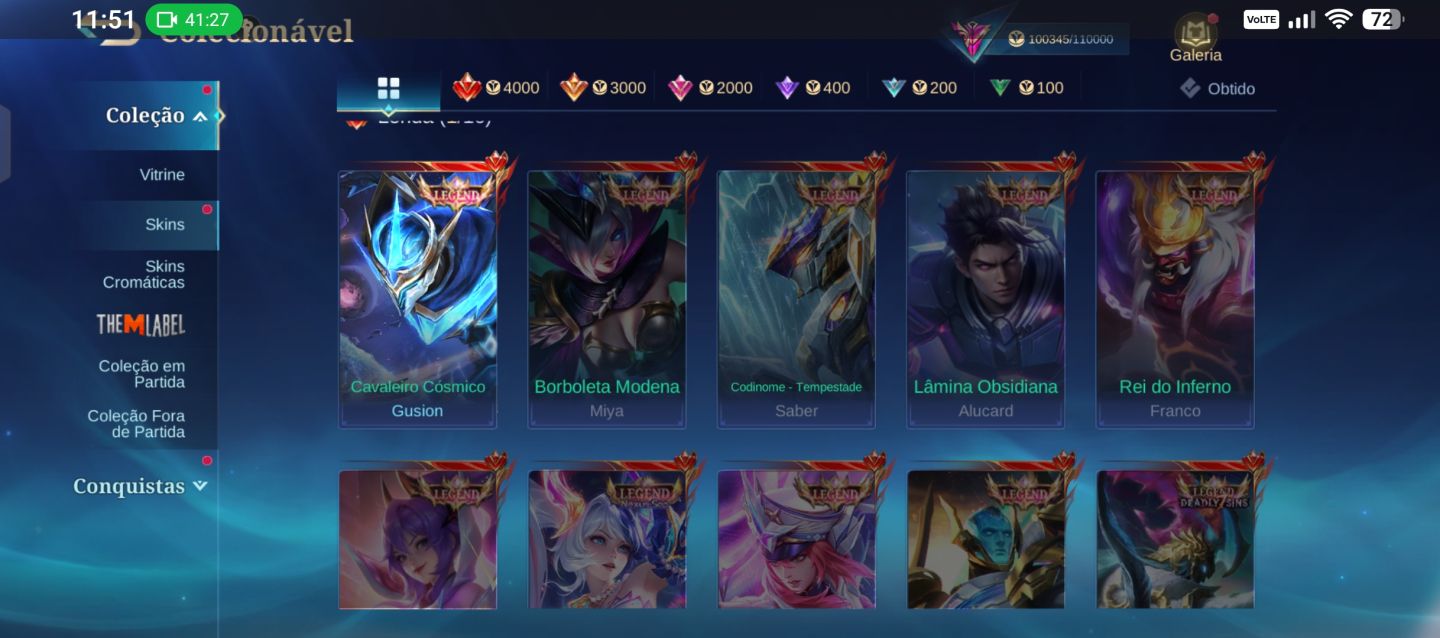 Conta Mlbb 279 skins, 5 skins kof 1 legend