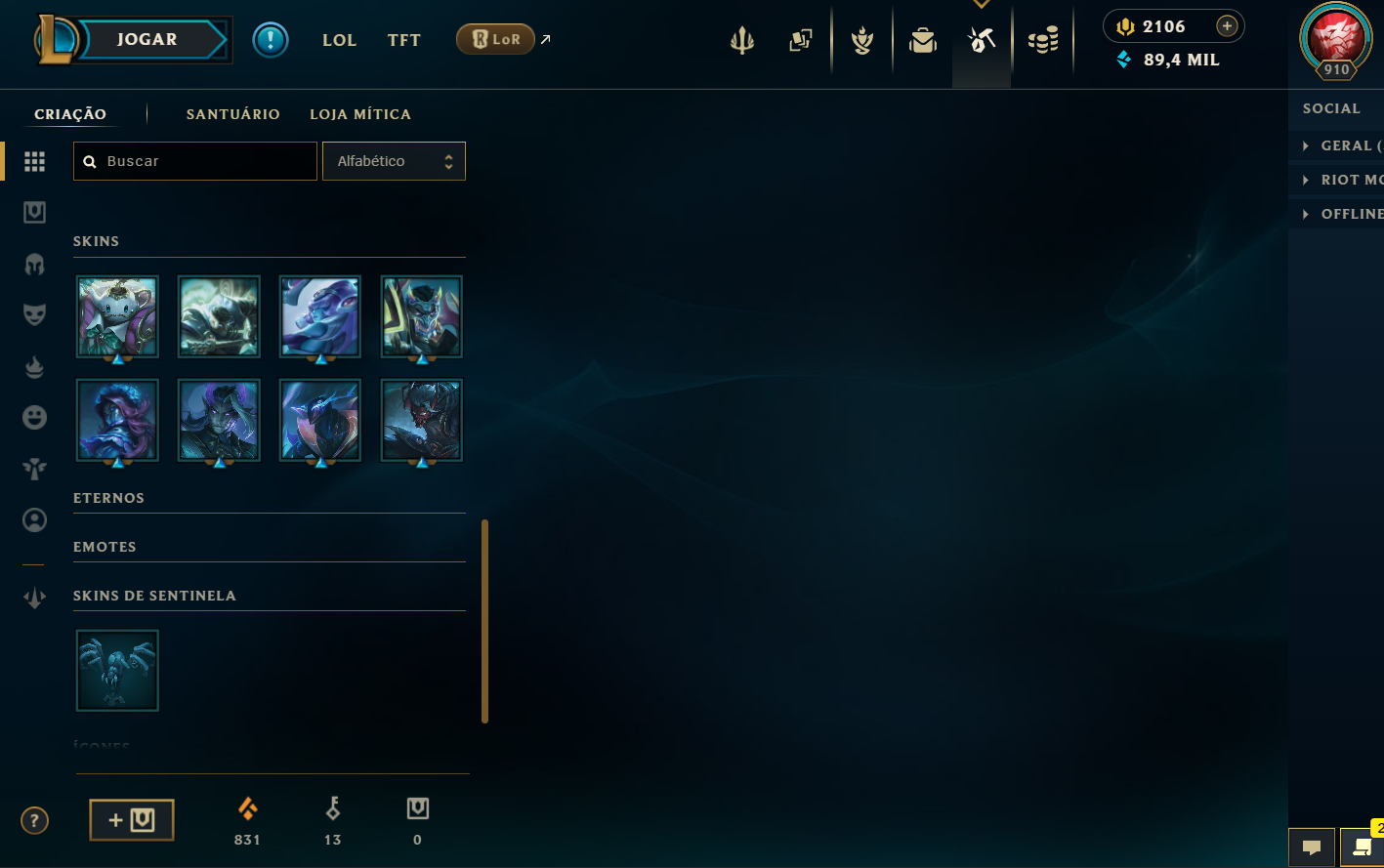 Conta LVL 910 com 317 skins