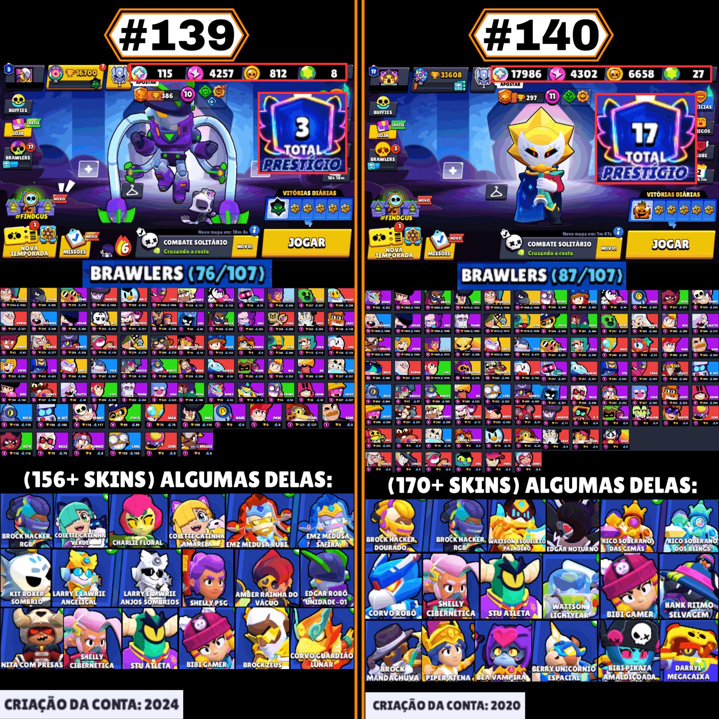 CONTAS BRAWL STARS | LENDÁRIOS, HIPERCARGAS, SKINS RARAS, P11, GEMAS, TROFÉUS