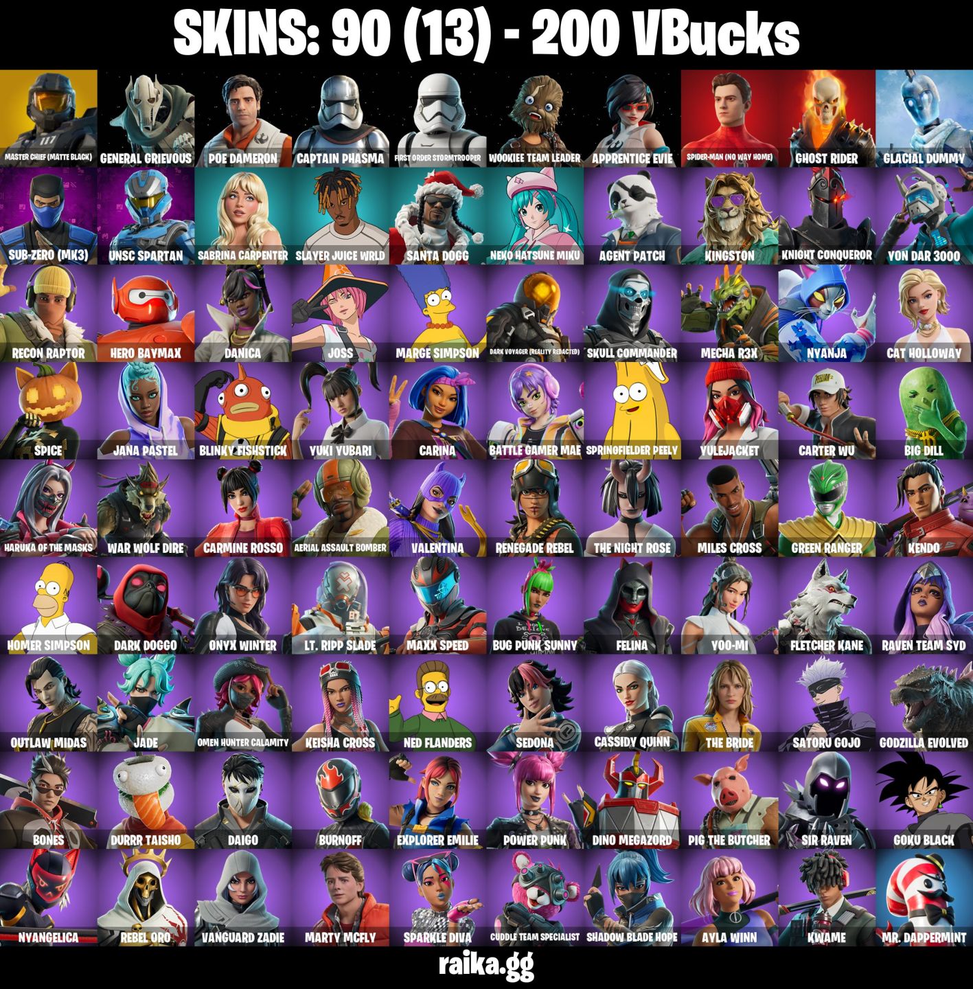 90 Skins - master chief (matte black), sub zero mk3, santa dogg, 200 vbucks