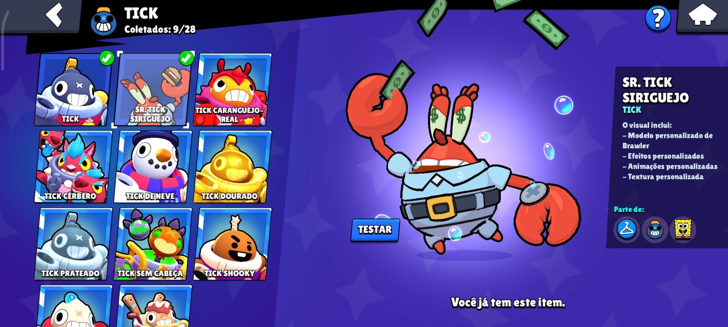 Conta brawl star bob sponja várias skins