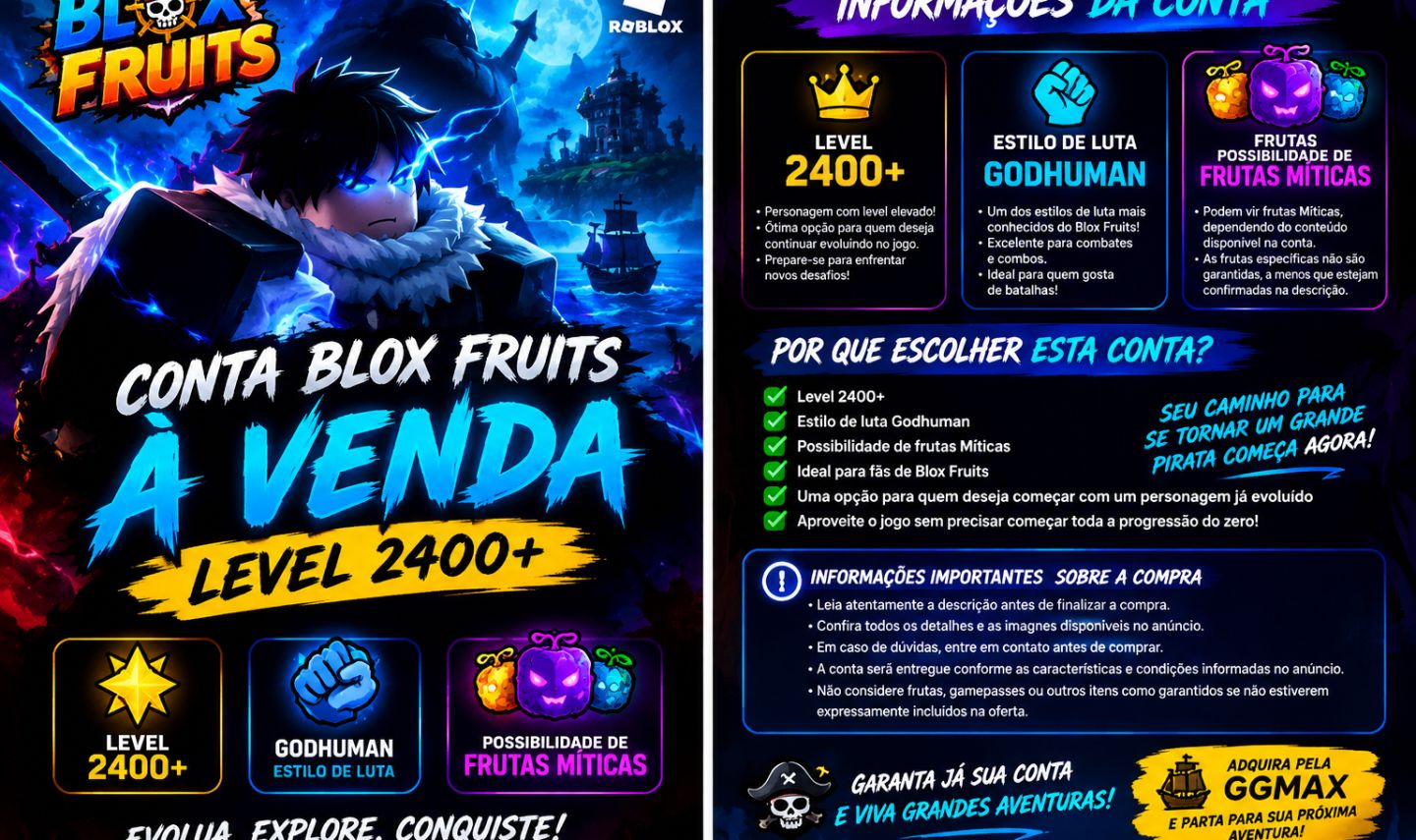 CONTA BLOX FRUITS LEVEL 2400+ | GODHUMAN | POSSIBILIDADE DE FRUTAS MÍTICAS |