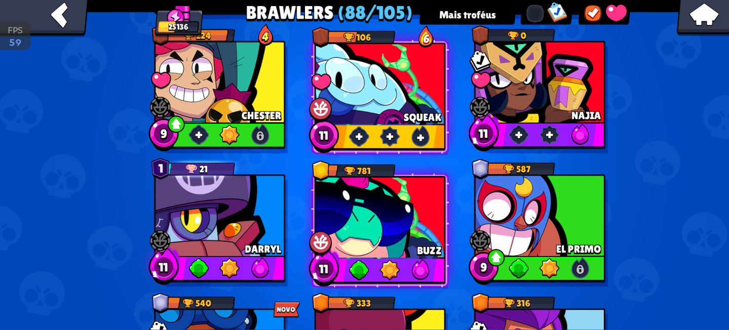 25k de troféu, Todos os lendários 88 brawler, 17 hipercarga e 6 buffs completos