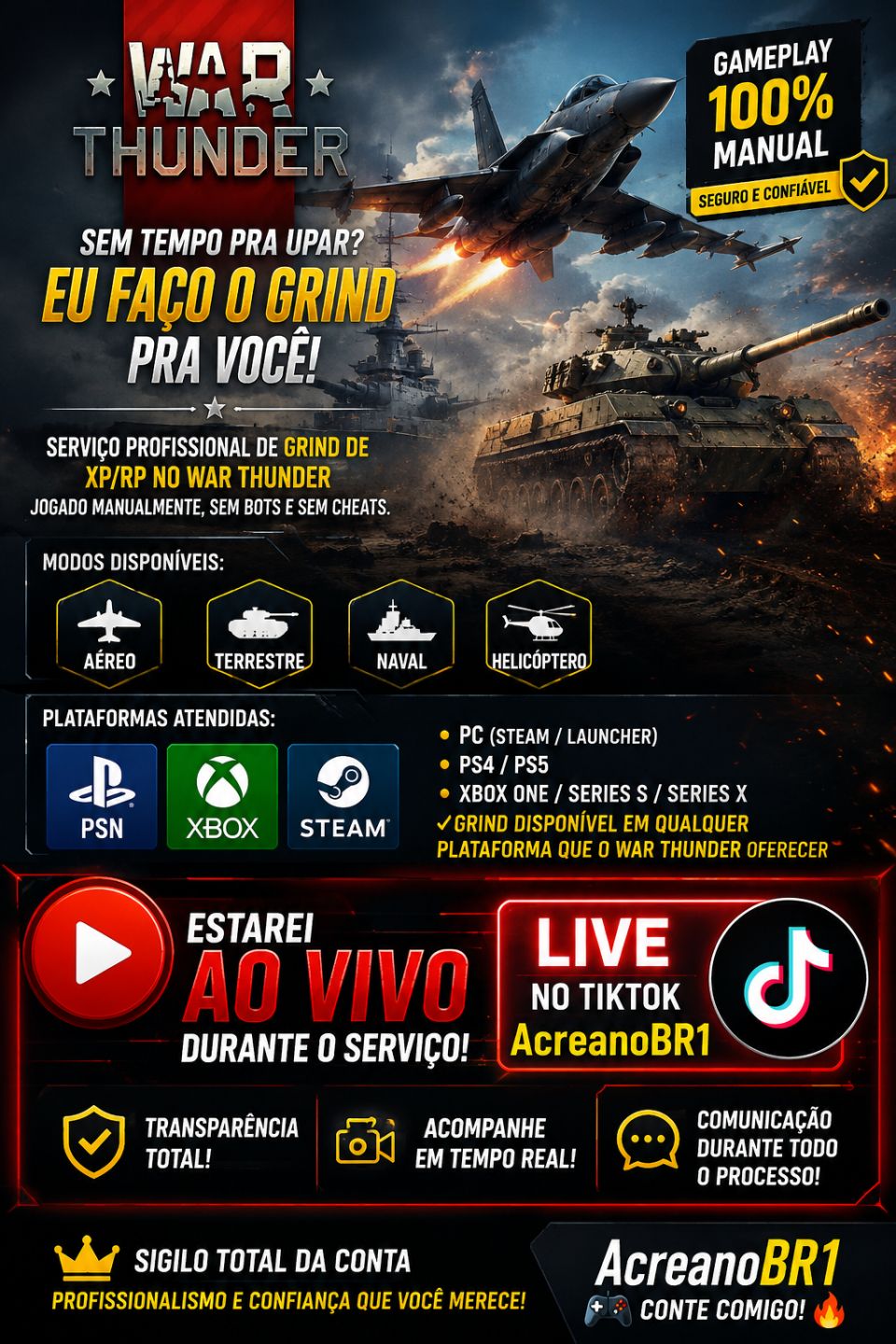 WAR THUNDER GRIND XP | Todos os Serviços em Promoção | 100% Manual