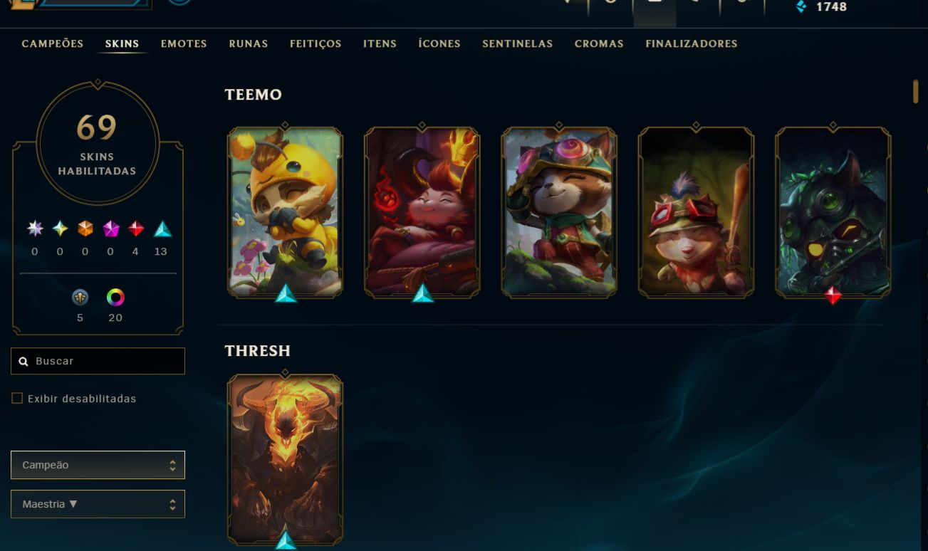 League of legends conta Esmeralda IV maestria 25, teemo 17 skins ,