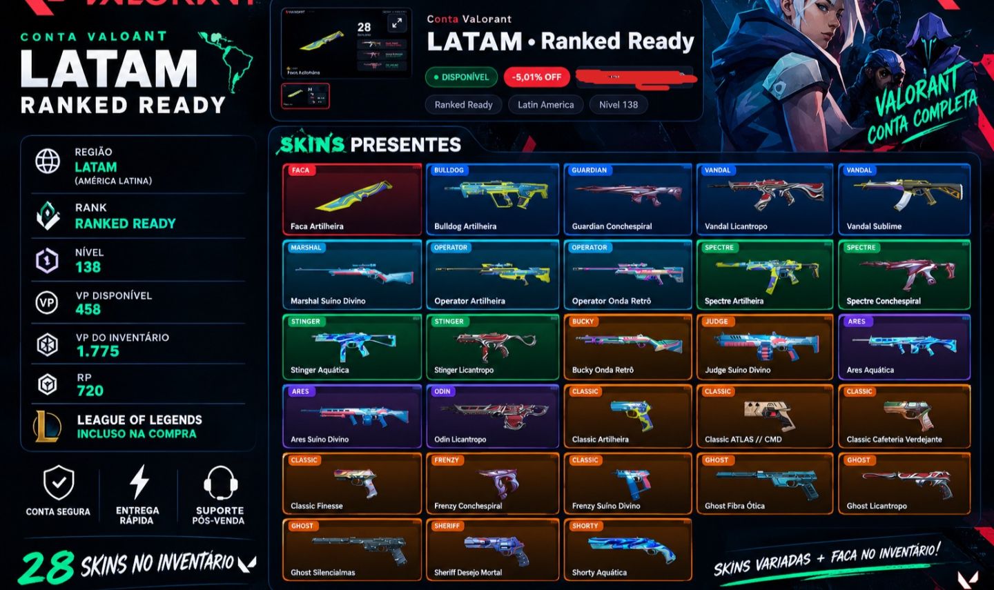 Conta Valorant LATAM | Ranked Ready | 1.775 VP em Skins | Nível 138