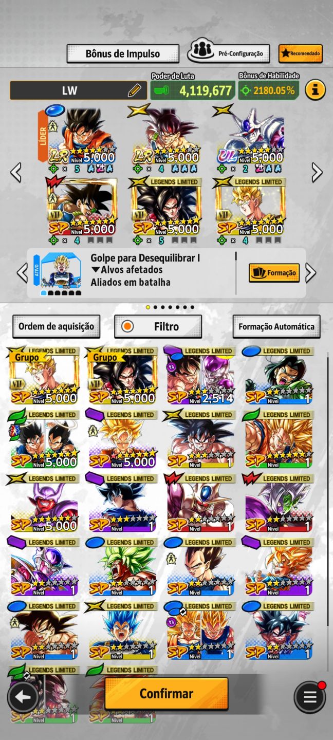 Conta de dragon ball legend com os novos personagens e outros
