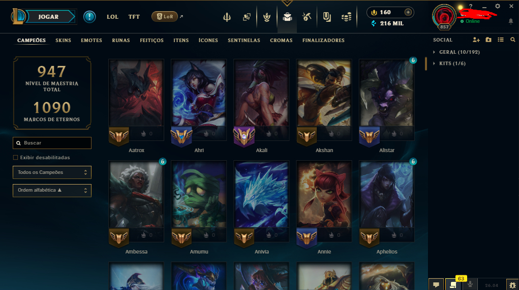 Conta lol nivel 874 com diversas skins de champions sentinela cromas 2kk de ZED.