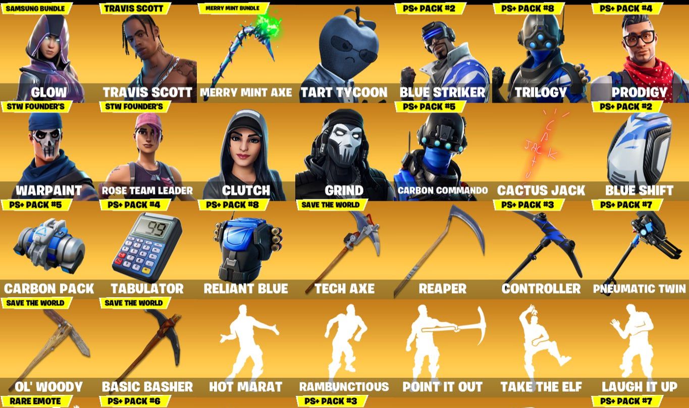 Conta Fortnite com Travis Scott, Glow, STW Fundador e Picareta Minty