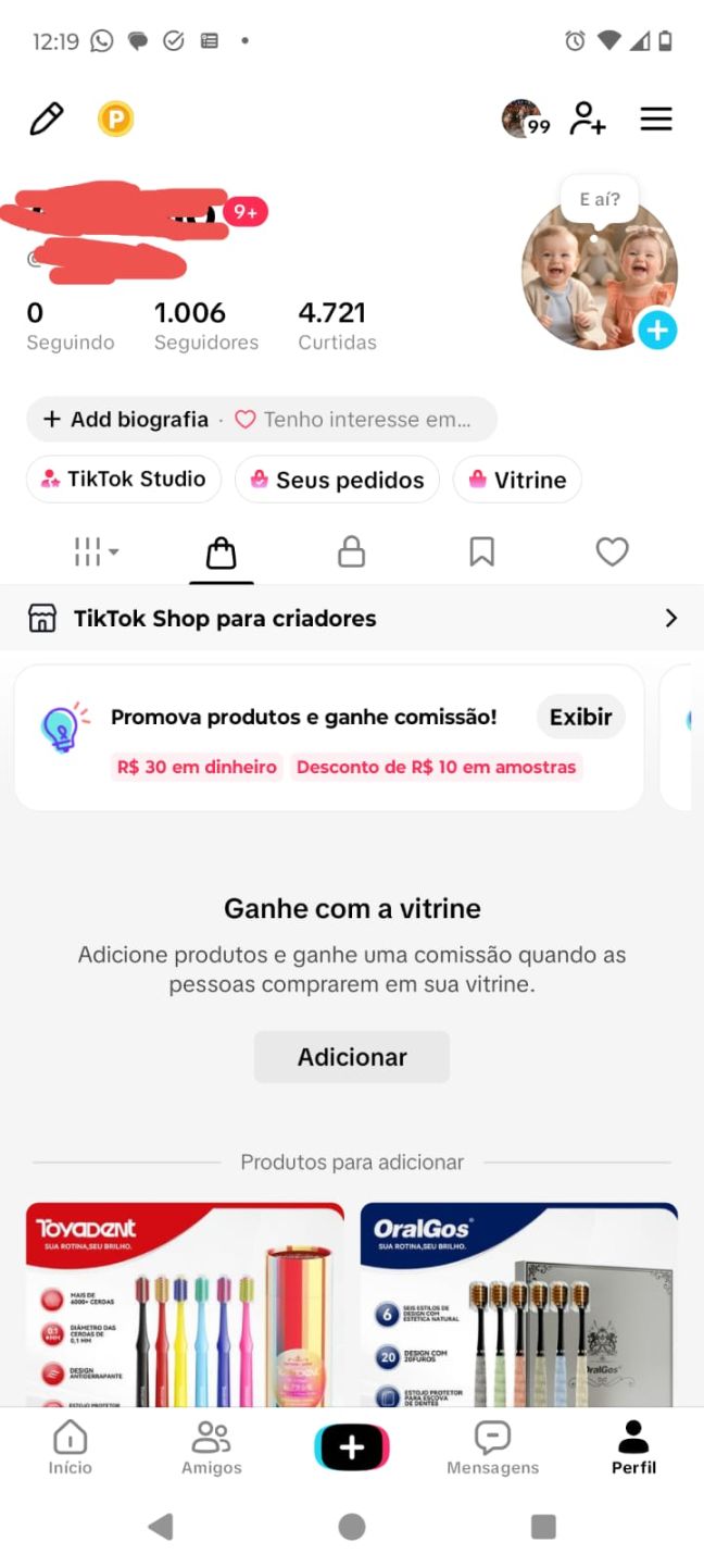 Conta do Tik Tok com Shop ativo + Live Studio Ativo com 1K de Seguidores