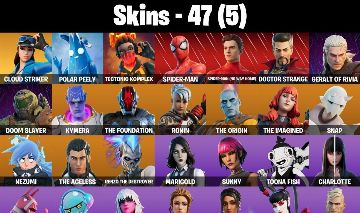 CONTA FORTNITE COM 47 SKINS CLOUD STRIKER/SPIDER MAN/GUMBO/SUNNY/TSUKI