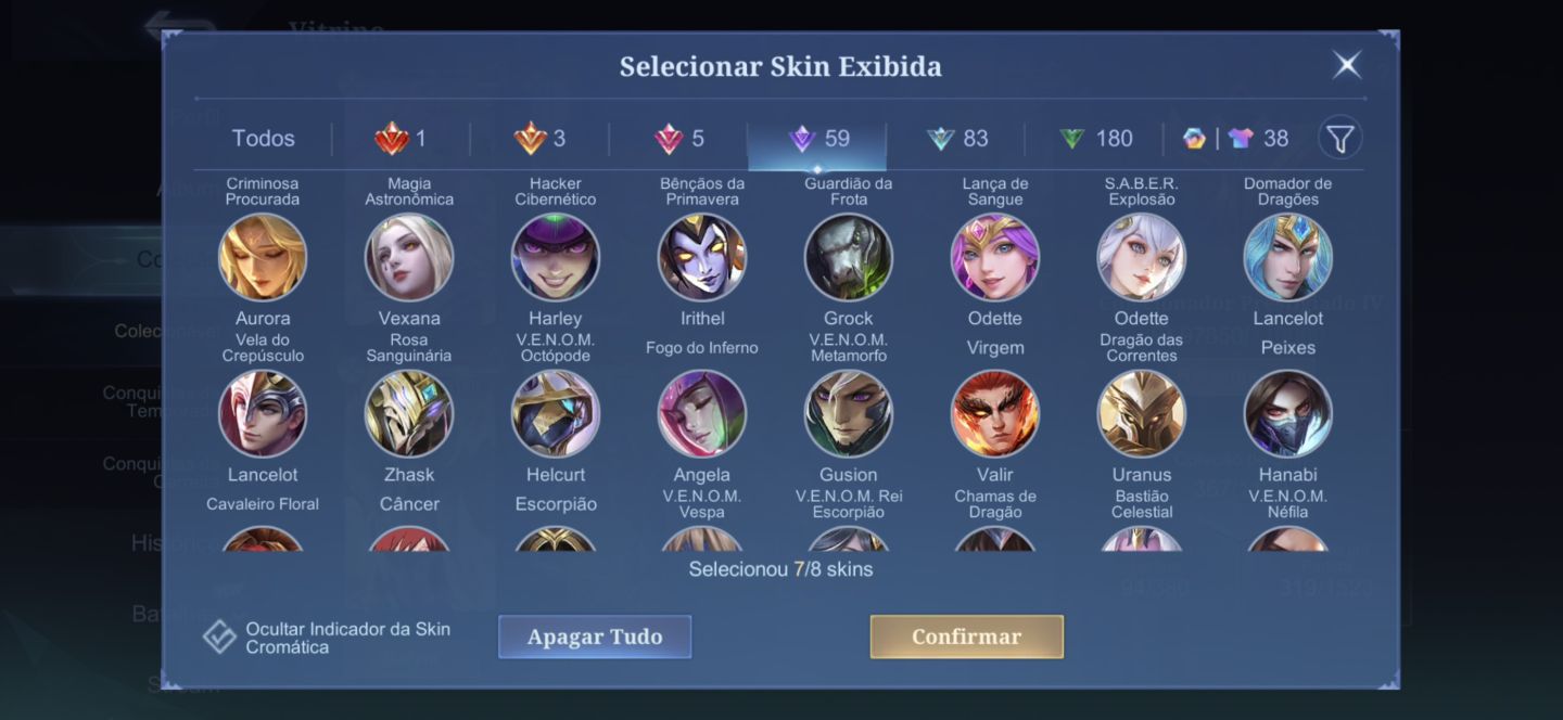 CONTA MOBILE LEGENDS/ SKINS RARAS