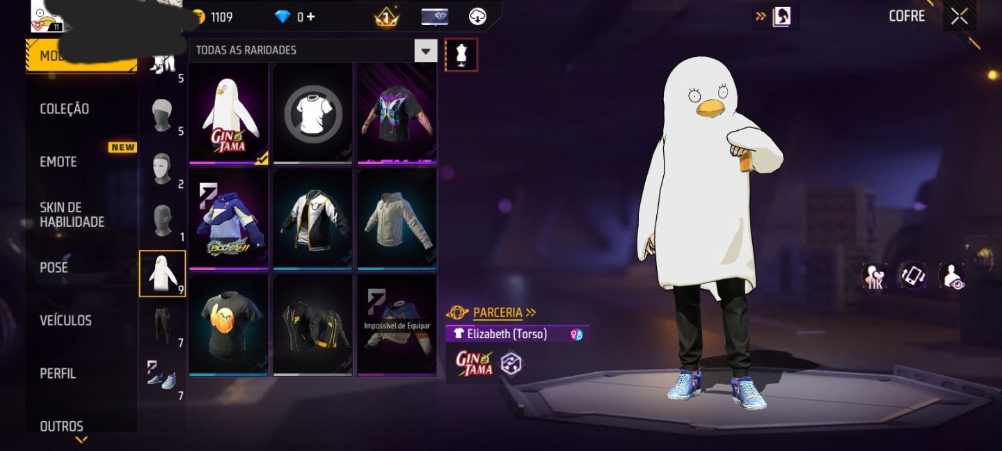 CONTA FREE FIRE NIVEL 11 + SKIN ELISABETH (GINTAMA) + 4 SKINS + GELO + KATANA