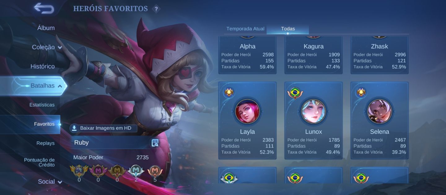 Conta mlbb 6Anos 222skins 111 star único dono wr medianos Full emblemas e herois