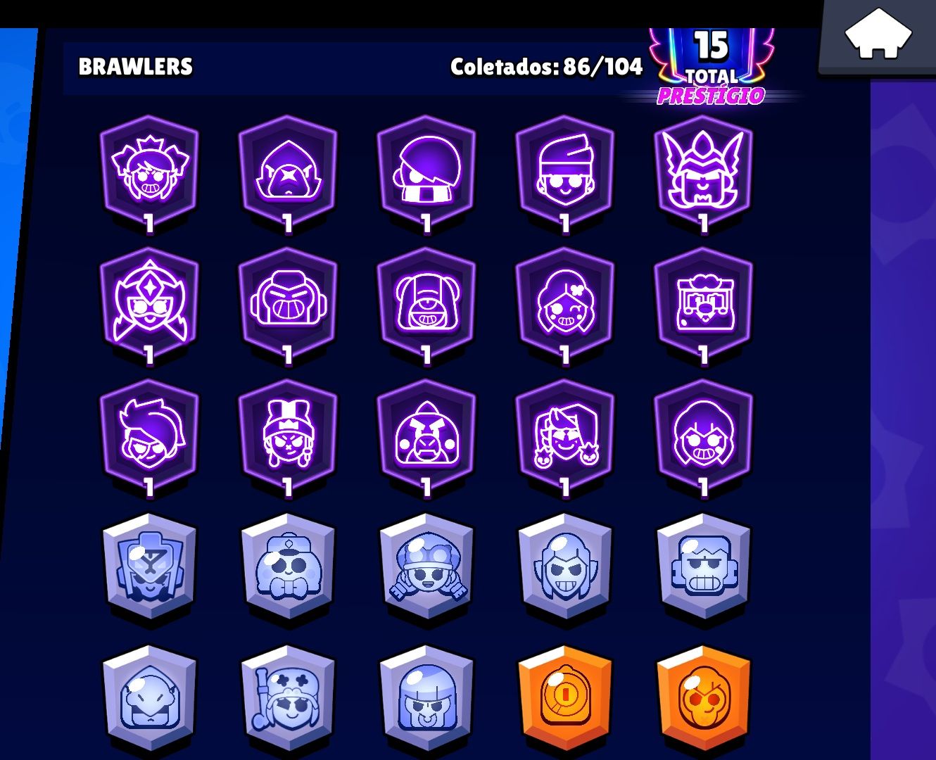 Conta de brawl stars full acesso 86 brawlers com 29 hypercargas e 15 prestigios