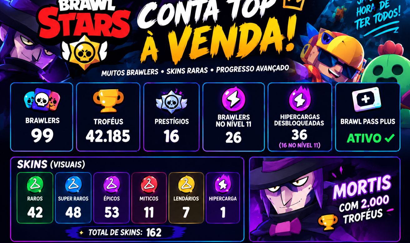 CONTA BRAWL STARS 99 BRAWLERS + BRAWL PASS PLUS ATIVO + 42K DE TROFEUS+ 162 SKIN