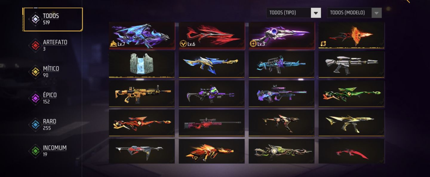 Conta free fire skin sombra boral, skins armas evolutivas
